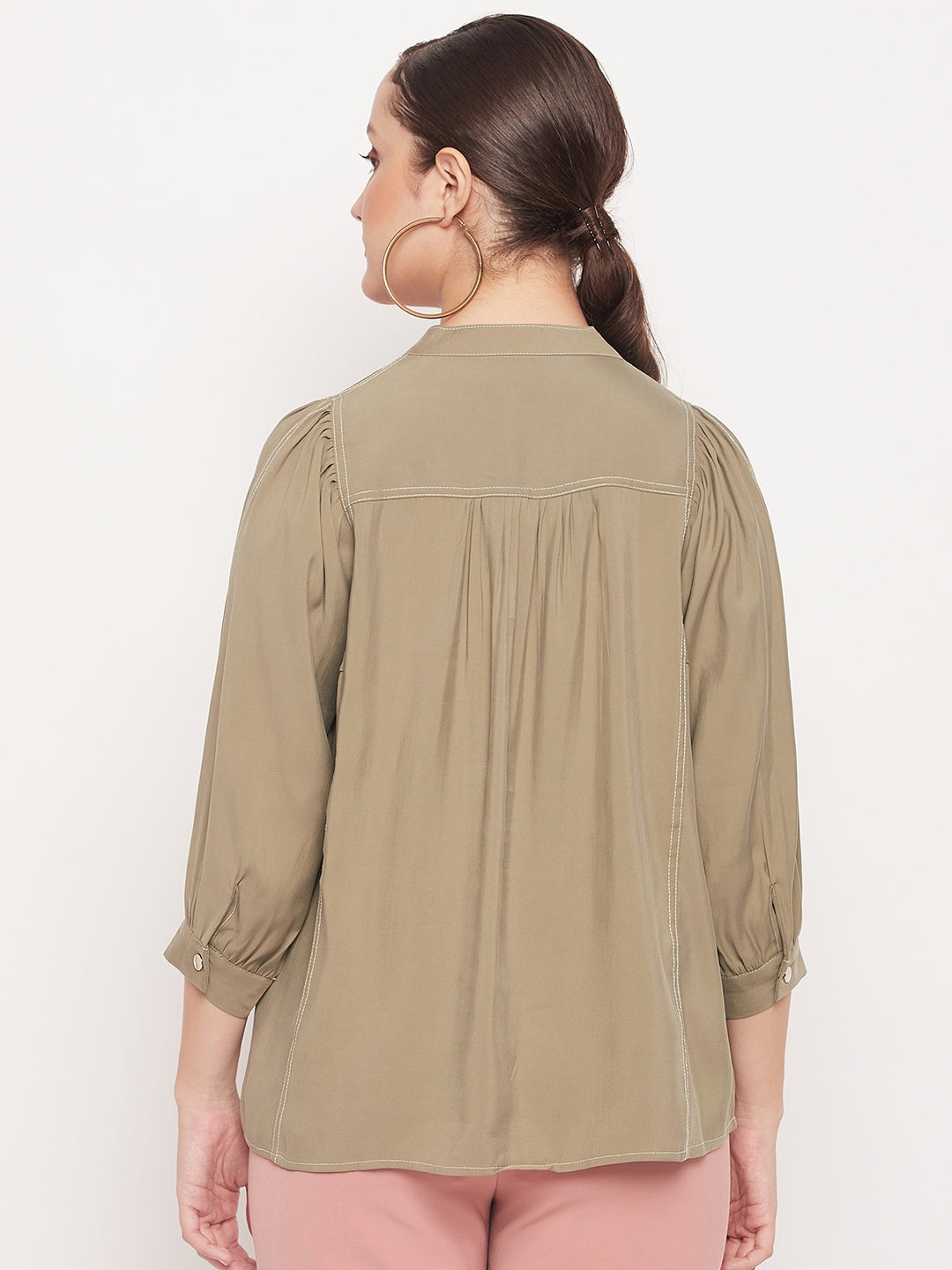 Women's Green Casual Regular Fit Solid Three Quater Sleeves Top