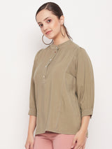 Women's Green Casual Regular Fit Solid Three Quater Sleeves Top