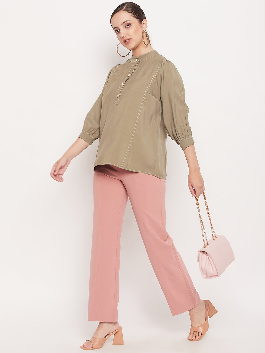 Women's Green Casual Regular Fit Solid Three Quater Sleeves Top