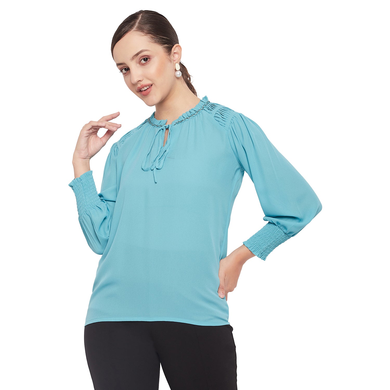 Women's Blue Casual Regular Fit Solid Full Sleeves Top