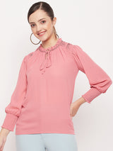 Women's Pink Casual Regular Fit Solid Full Sleeves Top