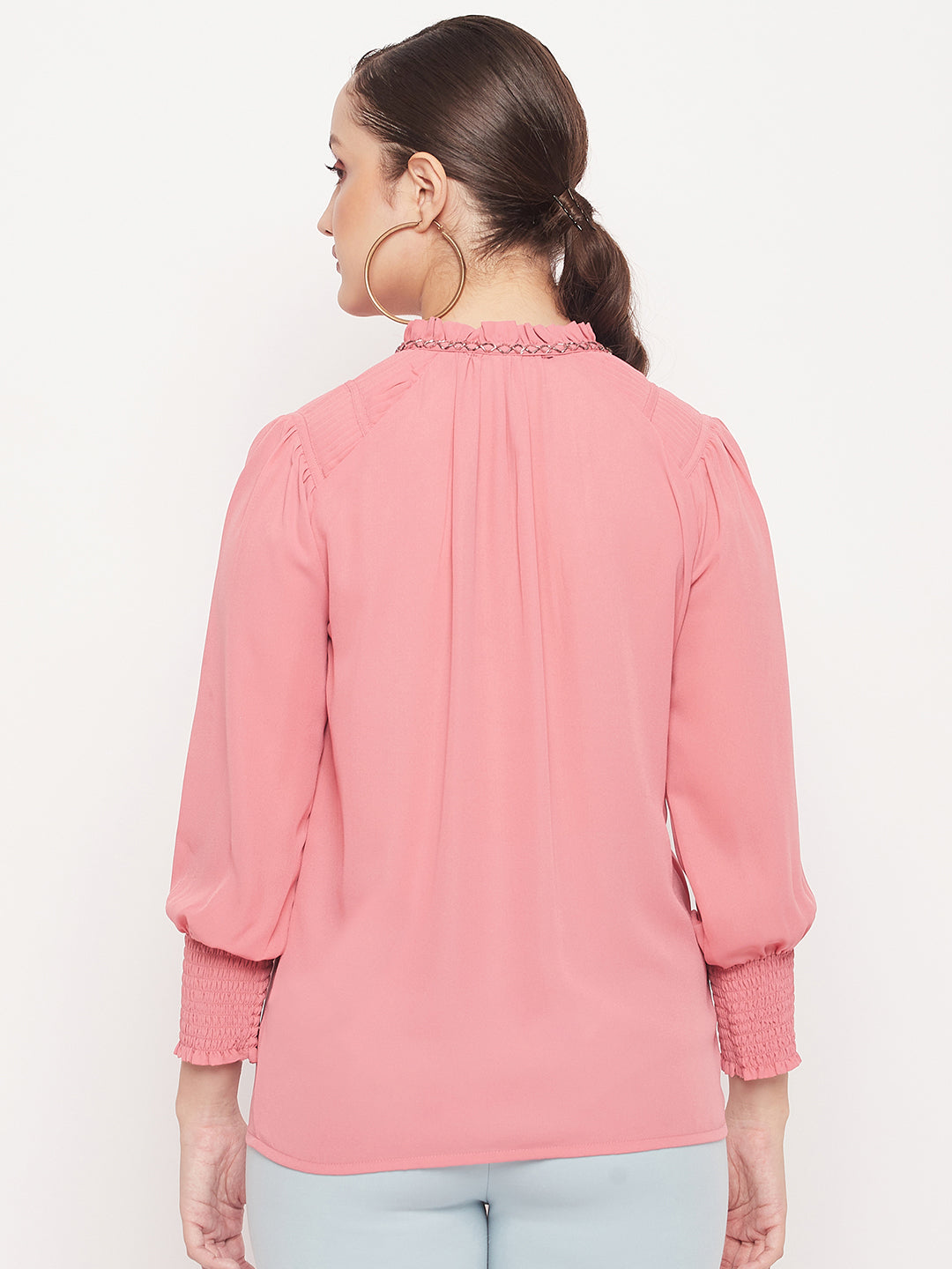 Women's Pink Casual Regular Fit Solid Full Sleeves Top