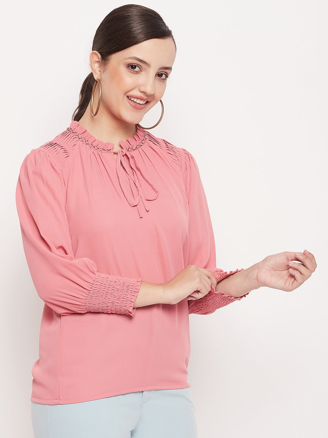 Women's Pink Casual Regular Fit Solid Full Sleeves Top