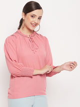 Women's Pink Casual Regular Fit Solid Full Sleeves Top