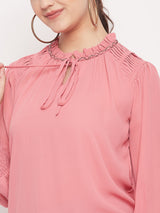 Women's Pink Casual Regular Fit Solid Full Sleeves Top