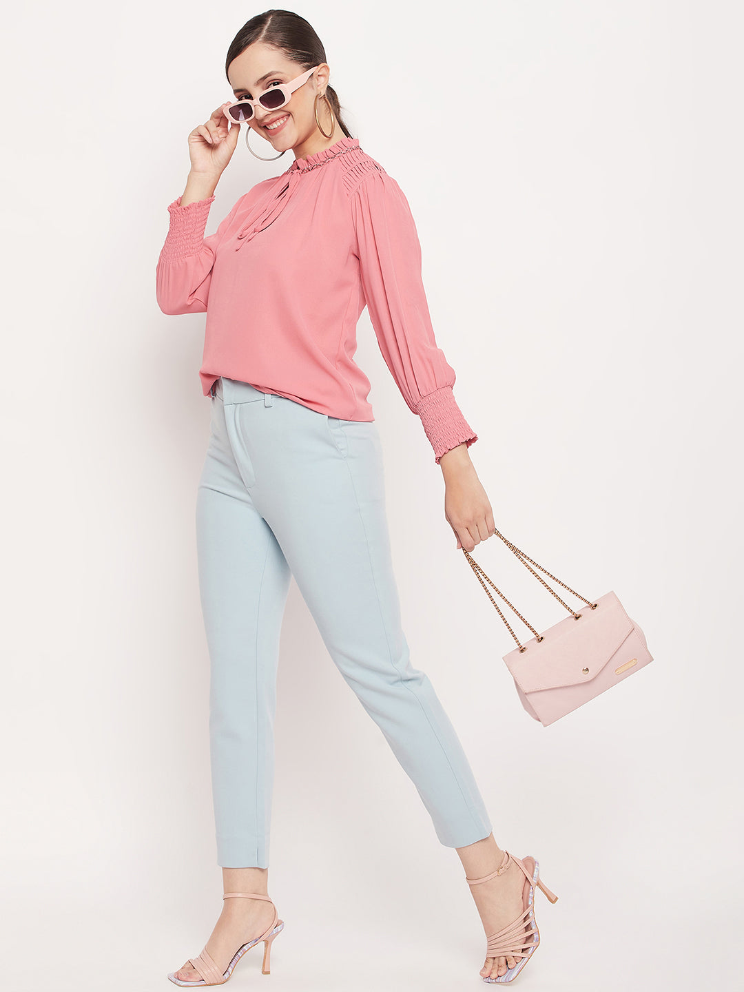 Women's Pink Casual Regular Fit Solid Full Sleeves Top
