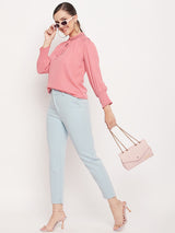 Women's Pink Casual Regular Fit Solid Full Sleeves Top