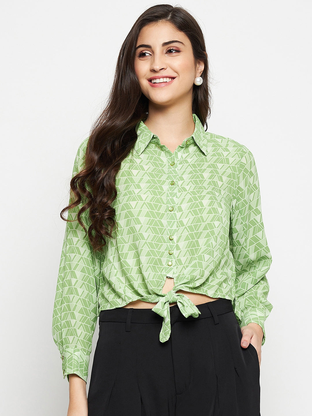 Women's Green Casual Regular Fit Printed Full Sleeves Shirt