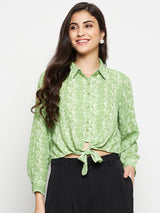 Women's Green Casual Regular Fit Printed Full Sleeves Shirt