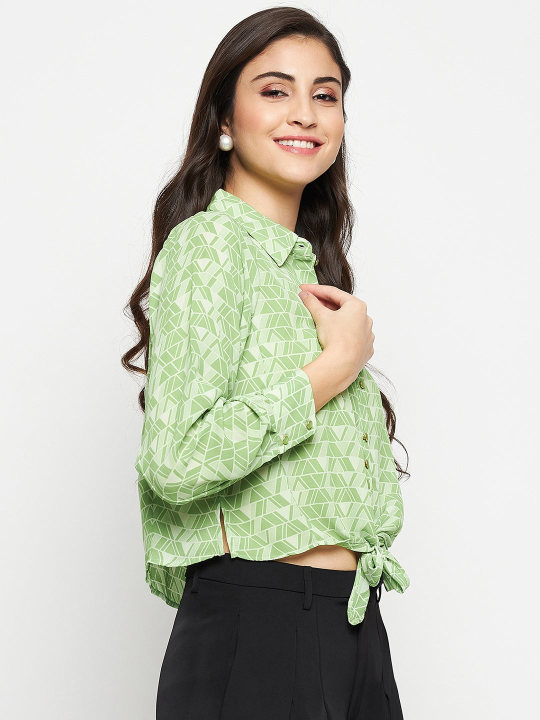 Women's Green Casual Regular Fit Printed Full Sleeves Shirt