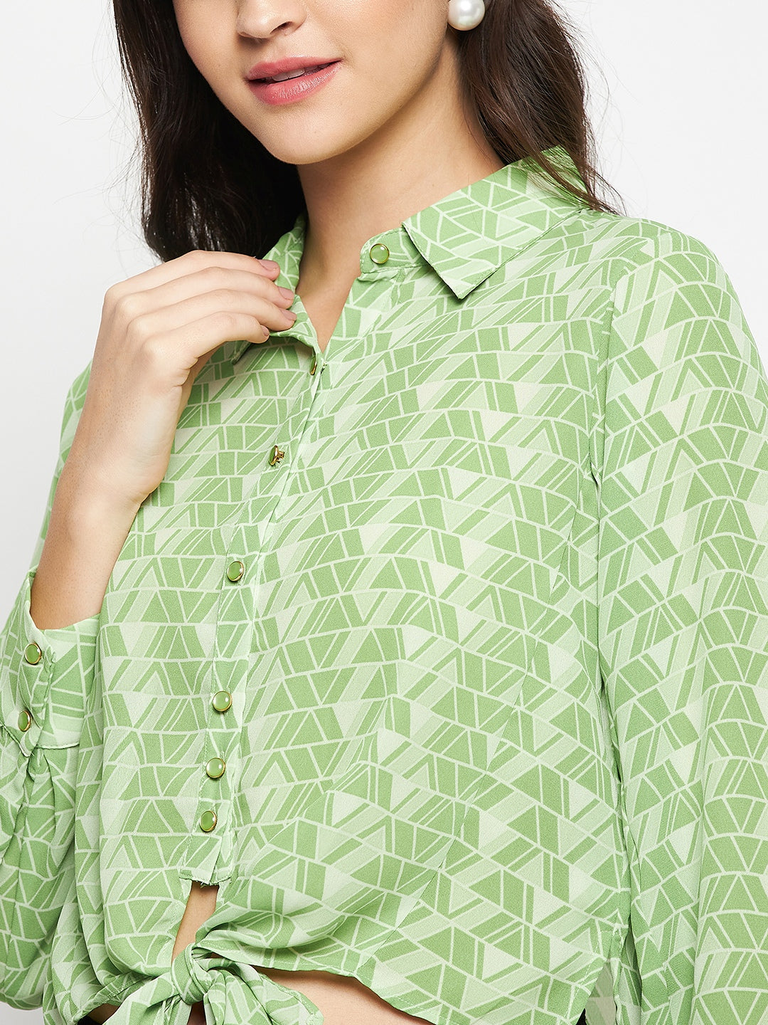 Women's Green Casual Regular Fit Printed Full Sleeves Shirt