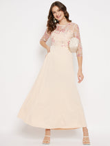 Women's Beige Casual Regular Fit Printed Three Quarter Sleeves Dress