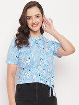 Women's Blue Casual Regular Fit Printed Half Sleeeves Top