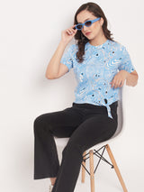 Women's Blue Casual Regular Fit Printed Half Sleeeves Top
