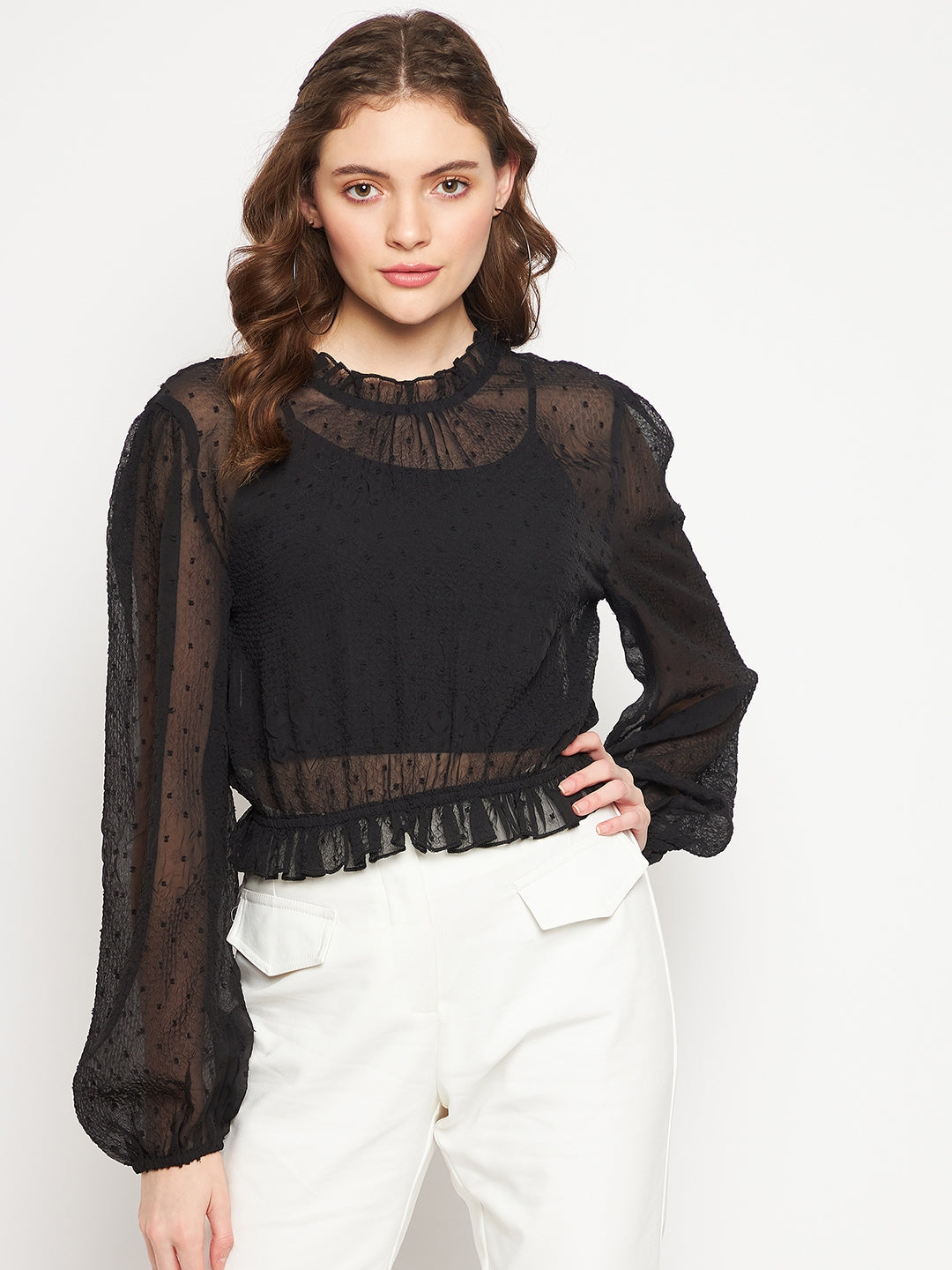 Women's Black Casual Regular Fit Solid Full Sleeves Top