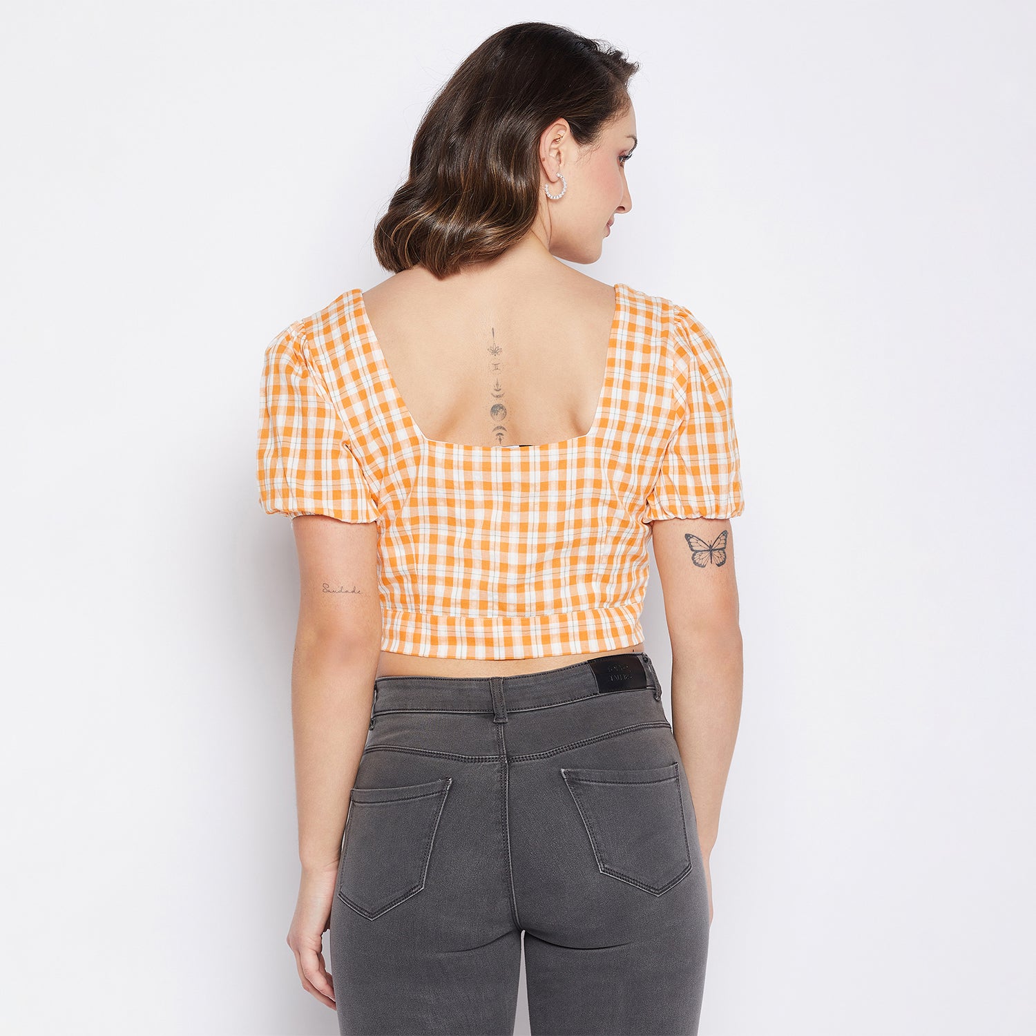 Women's Orange Casual Regular Fit Checked Half Sleeves Top
