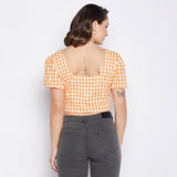 Women's Orange Casual Regular Fit Checked Half Sleeves Top