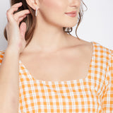 Women's Orange Casual Regular Fit Checked Half Sleeves Top