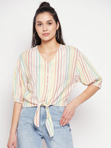 Women's Beige Casual Regular Fit Striped Three Quarter Sleeves Top