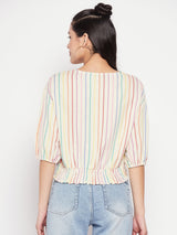 Women's Beige Casual Regular Fit Striped Three Quarter Sleeves Top