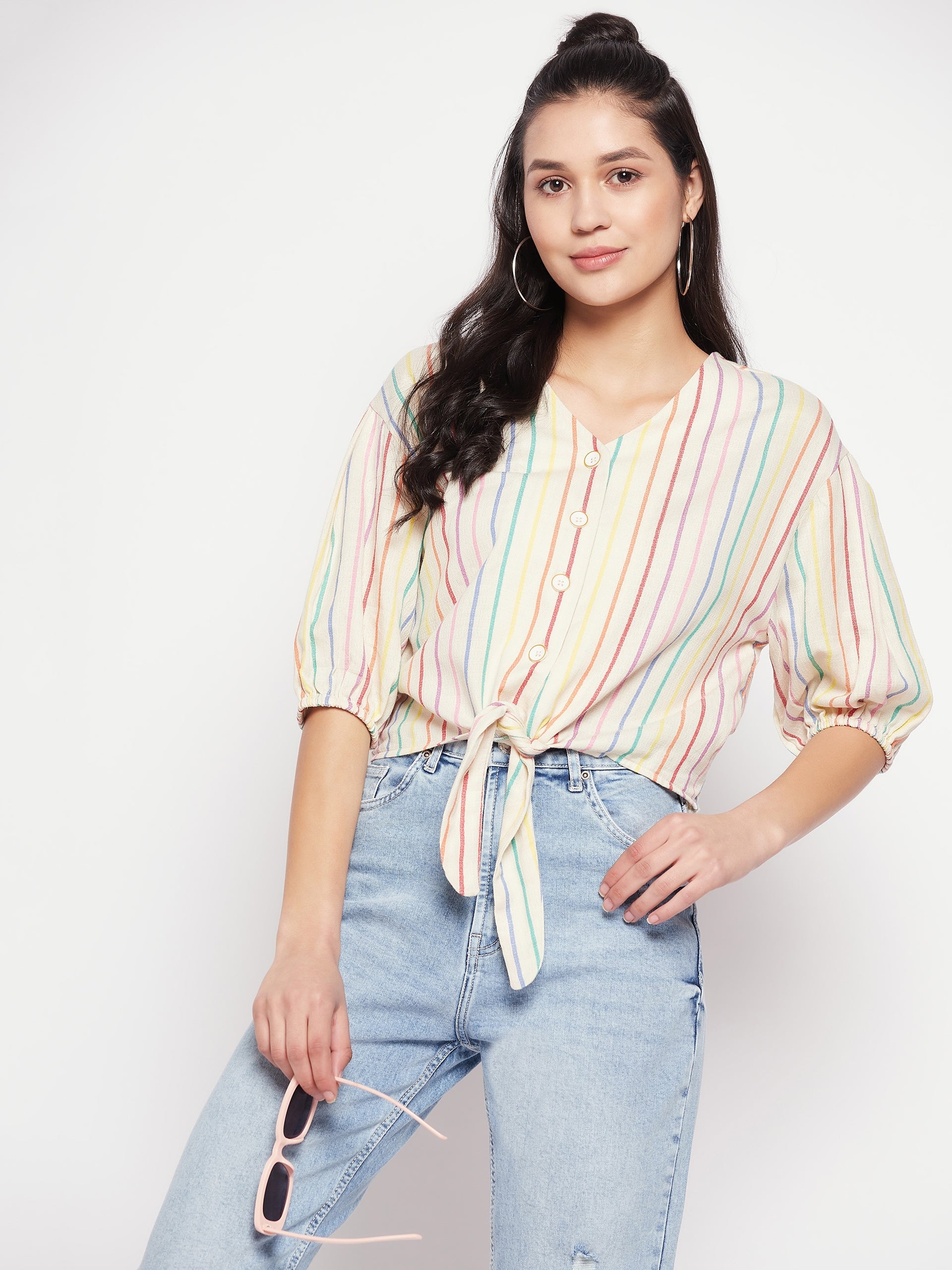 Women's Beige Casual Regular Fit Striped Three Quarter Sleeves Top