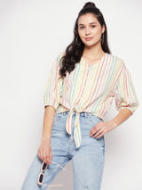 Women's Beige Casual Regular Fit Striped Three Quarter Sleeves Top
