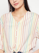 Women's Beige Casual Regular Fit Striped Three Quarter Sleeves Top