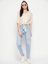 Women's Beige Casual Regular Fit Striped Three Quarter Sleeves Top