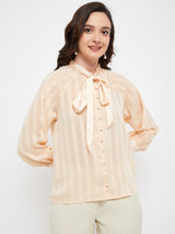 Women's Yellow Casual Regular Fit Striped Full Sleeves Top