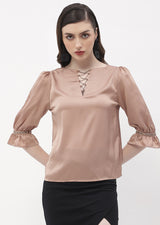 Women's Brown Casual Regular Fit Solid Three Quarter Sleeves Top