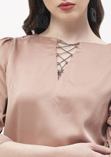 Women's Brown Casual Regular Fit Solid Three Quarter Sleeves Top