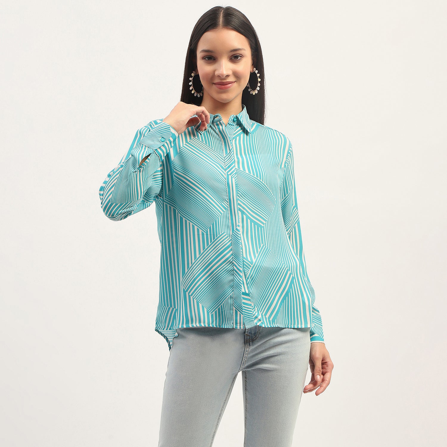 Women's Blue Casual Regular Fit Striped Full Sleeves Shirt
