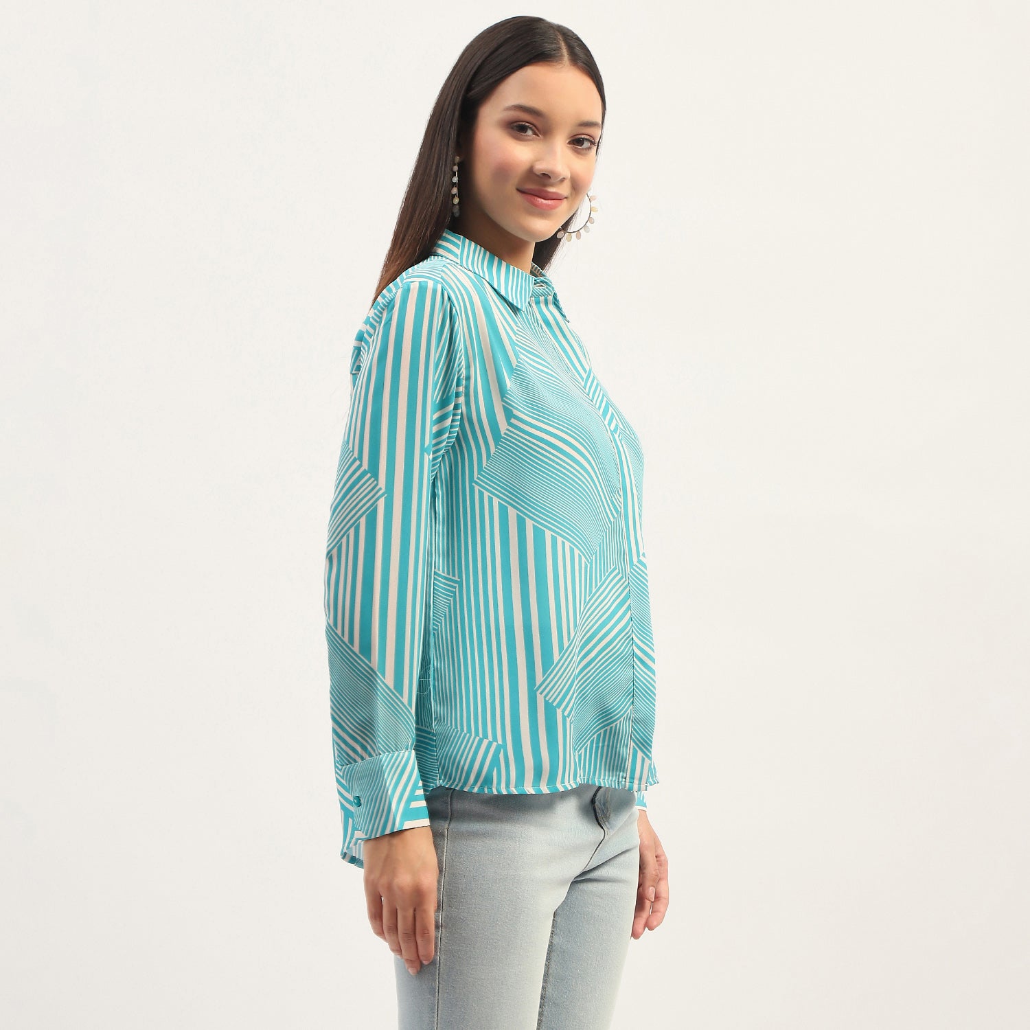 Women's Blue Casual Regular Fit Striped Full Sleeves Shirt