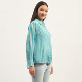 Women's Blue Casual Regular Fit Striped Full Sleeves Shirt