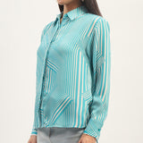 Women's Blue Casual Regular Fit Striped Full Sleeves Shirt