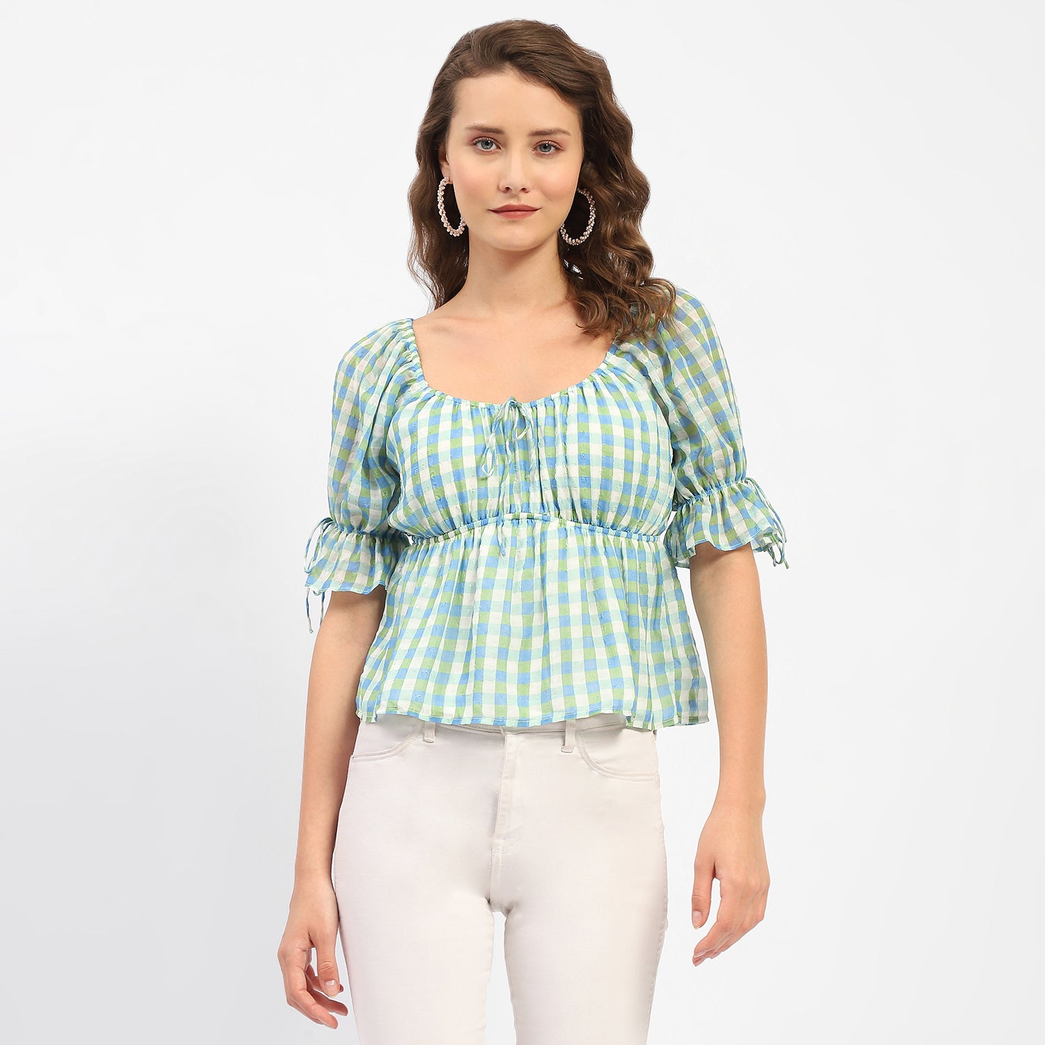 Women's Blue Casual Regular Fit Checked Half Sleeves Top