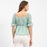 Women's Blue Casual Regular Fit Checked Half Sleeves Top
