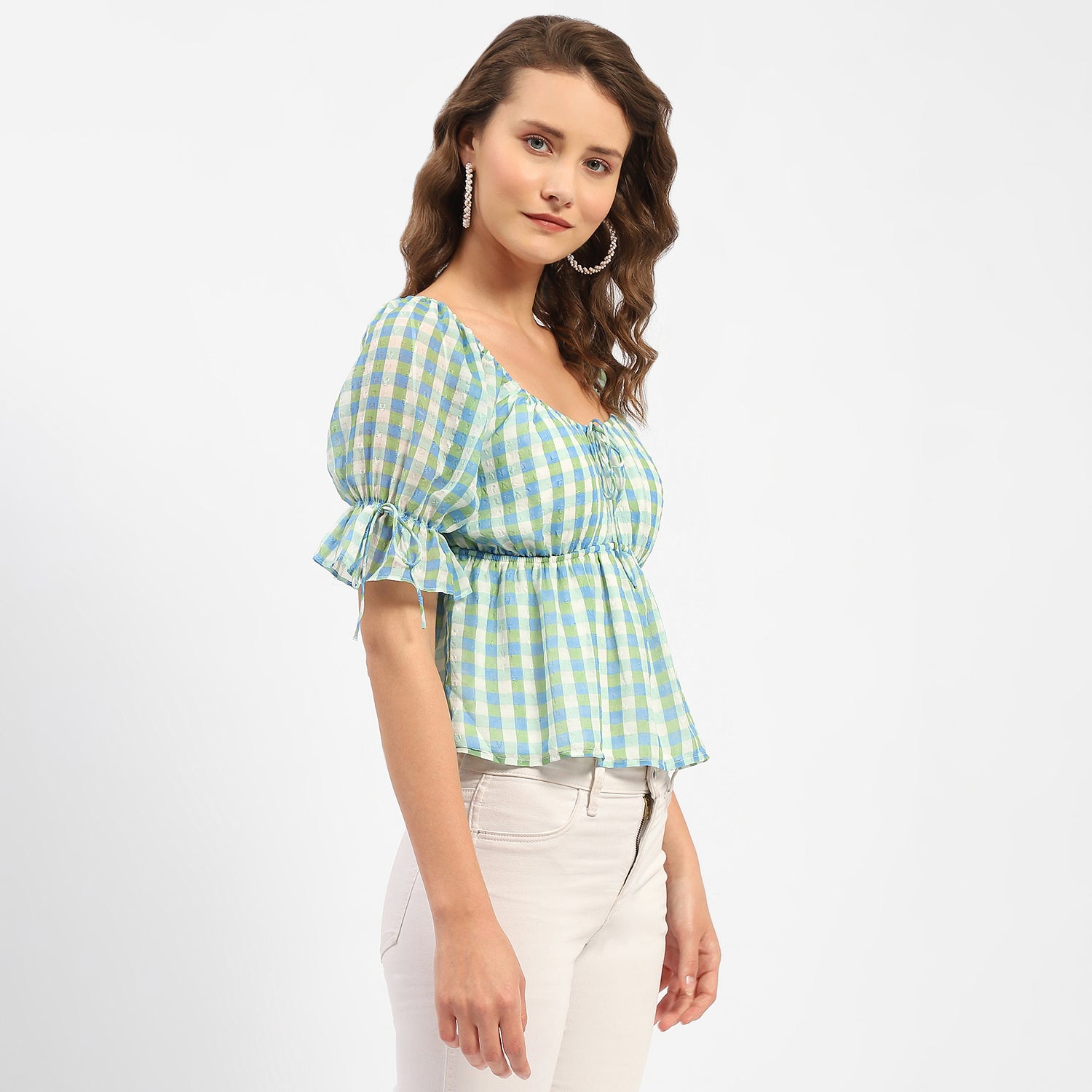 Women's Blue Casual Regular Fit Checked Half Sleeves Top