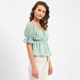 Women's Blue Casual Regular Fit Checked Half Sleeves Top