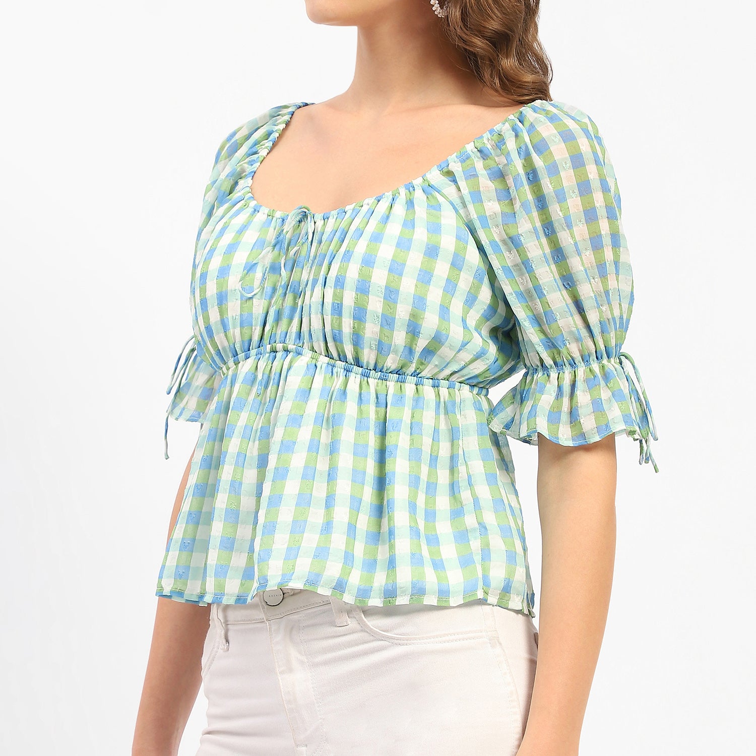 Women's Blue Casual Regular Fit Checked Half Sleeves Top