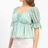 Women's Blue Casual Regular Fit Checked Half Sleeves Top