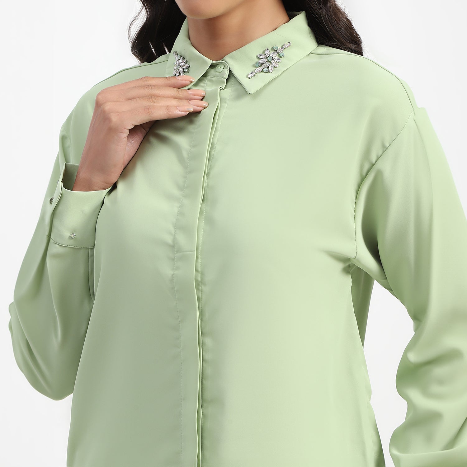 Women's Green Casual Regular Fit Solid Full Sleeves Shirt
