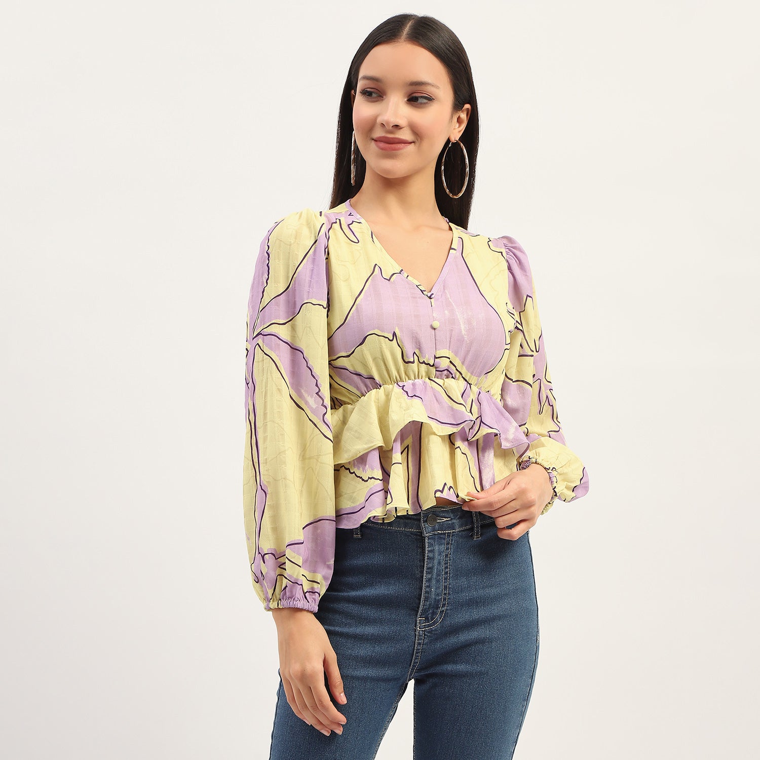 Women's Yellow Casual Regular Fit Printed Full Sleeves Top