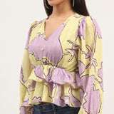 Women's Yellow Casual Regular Fit Printed Full Sleeves Top