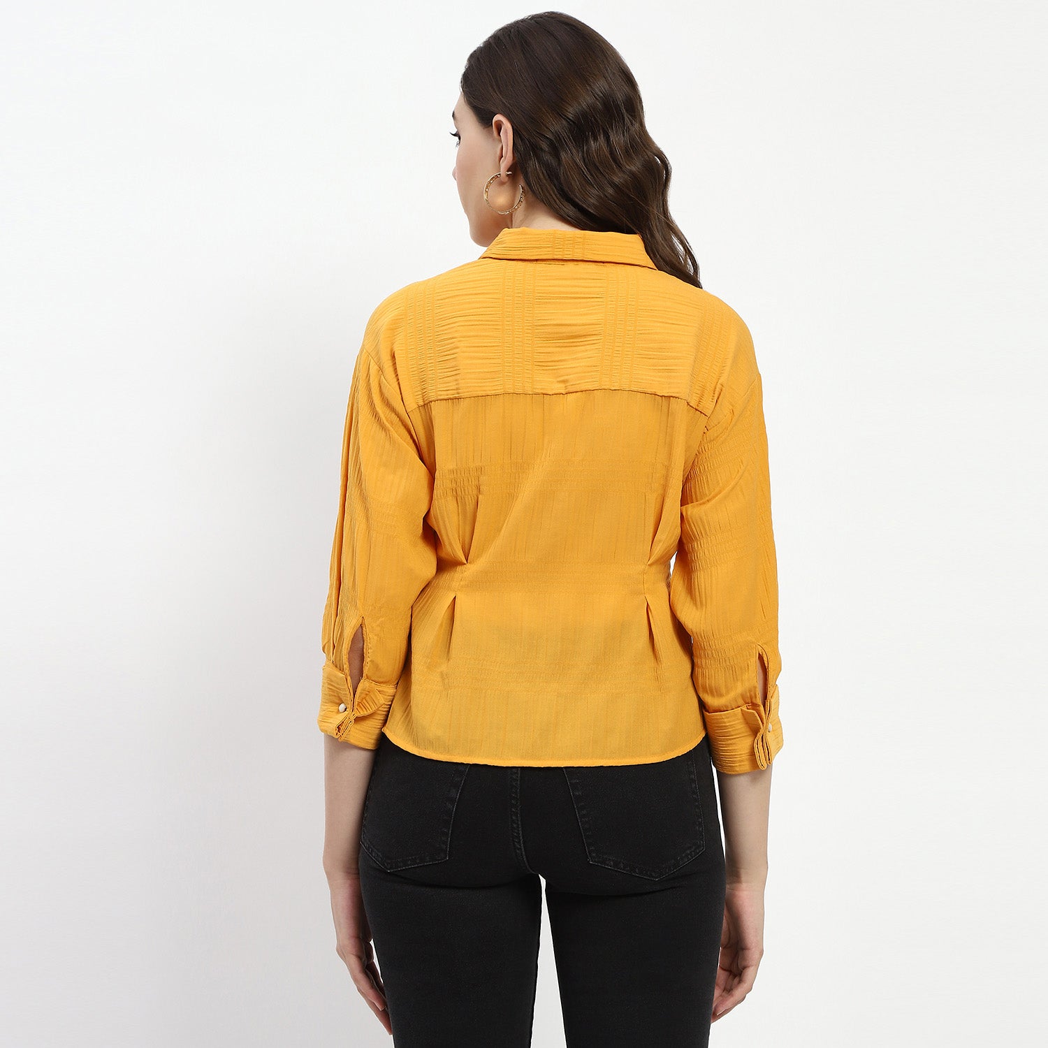 Women's Yellow Casual Regular Fit Solid Three Quarter Sleeves Shirt