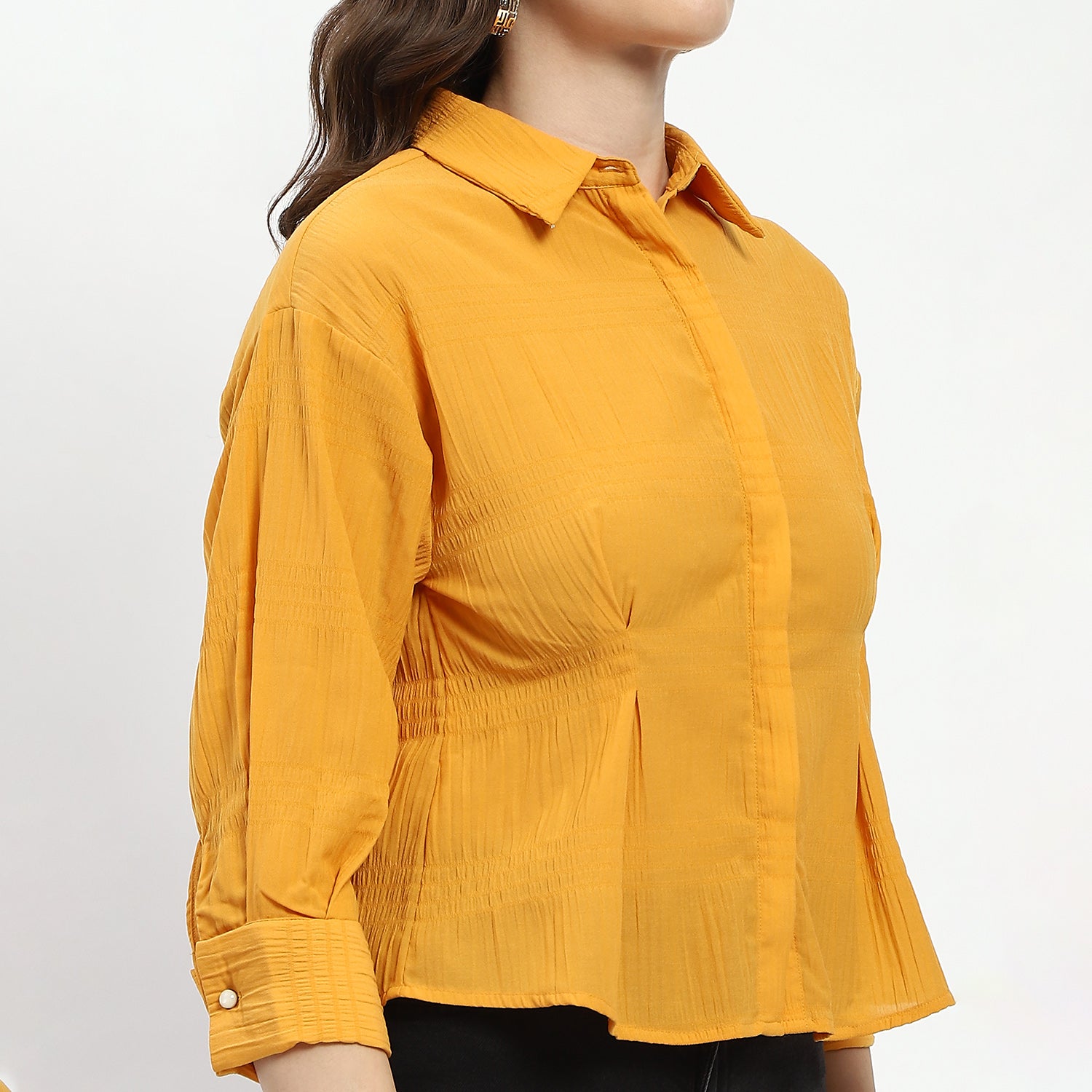 Women's Yellow Casual Regular Fit Solid Three Quarter Sleeves Shirt