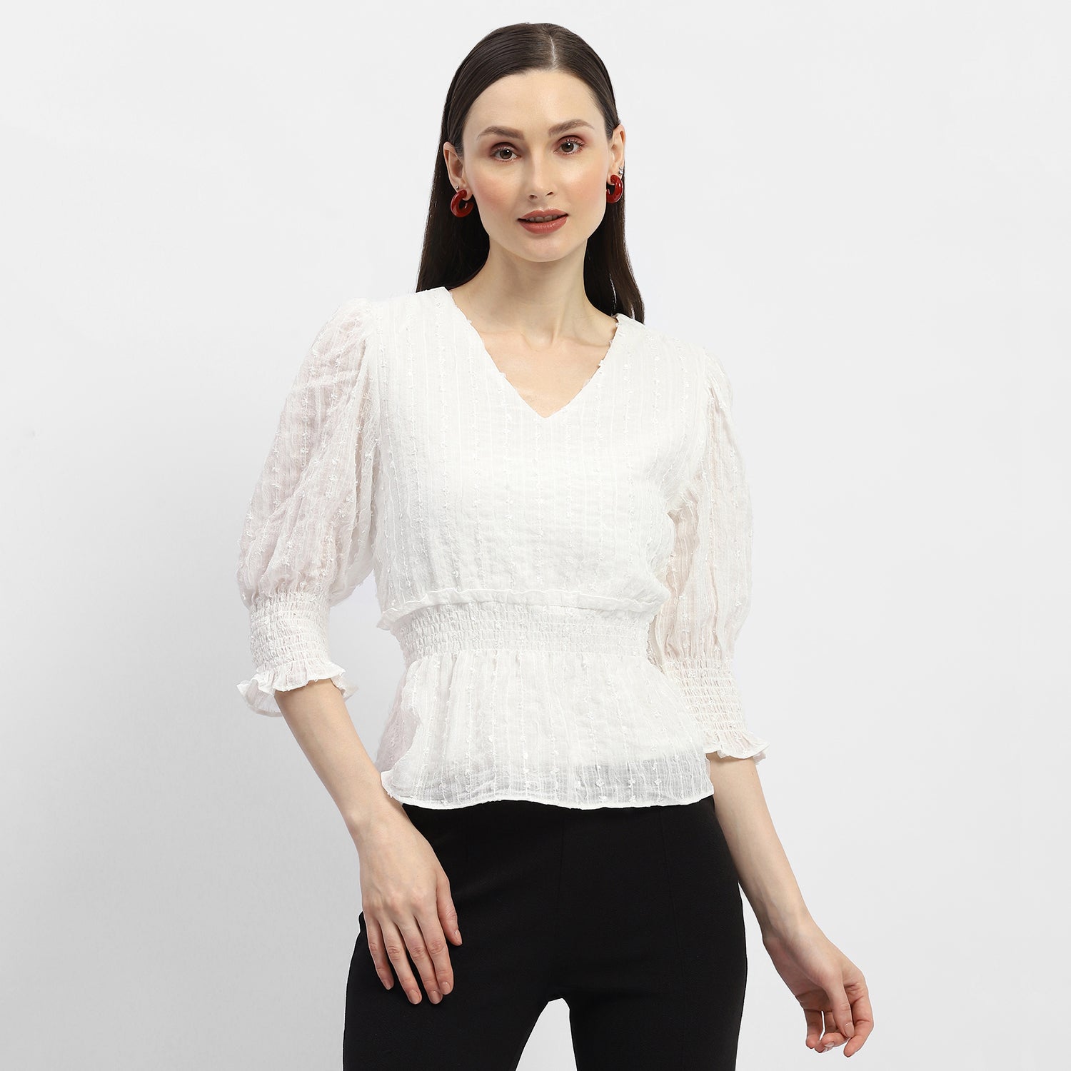 Women's White Casual Regular Fit Solid Three Quarter Sleeves Top