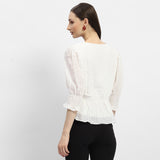 Women's White Casual Regular Fit Solid Three Quarter Sleeves Top