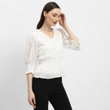 Women's White Casual Regular Fit Solid Three Quarter Sleeves Top