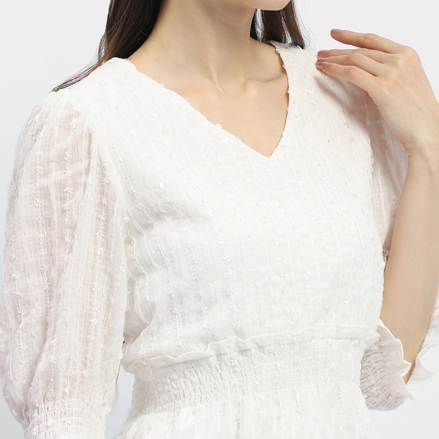 Women's White Casual Regular Fit Solid Three Quarter Sleeves Top